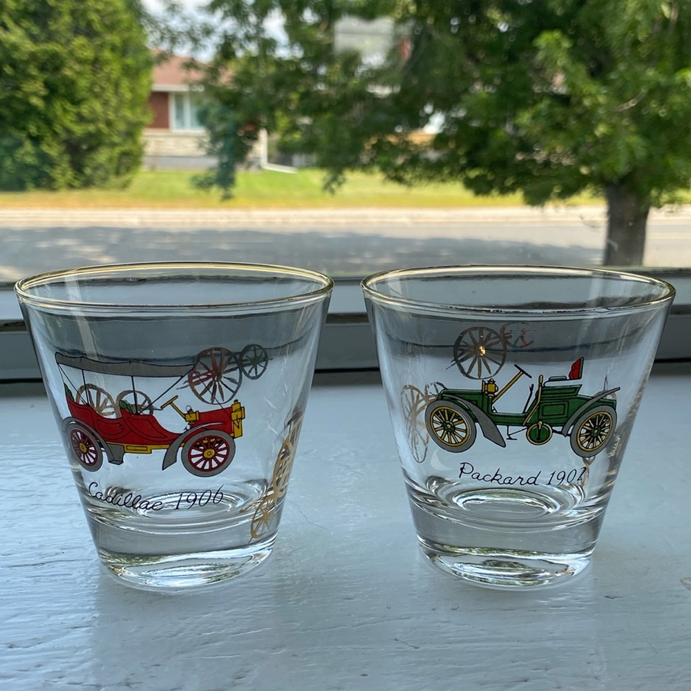 Hazel Atlas set of two cocktail lowball whiskey glasses antique cars.